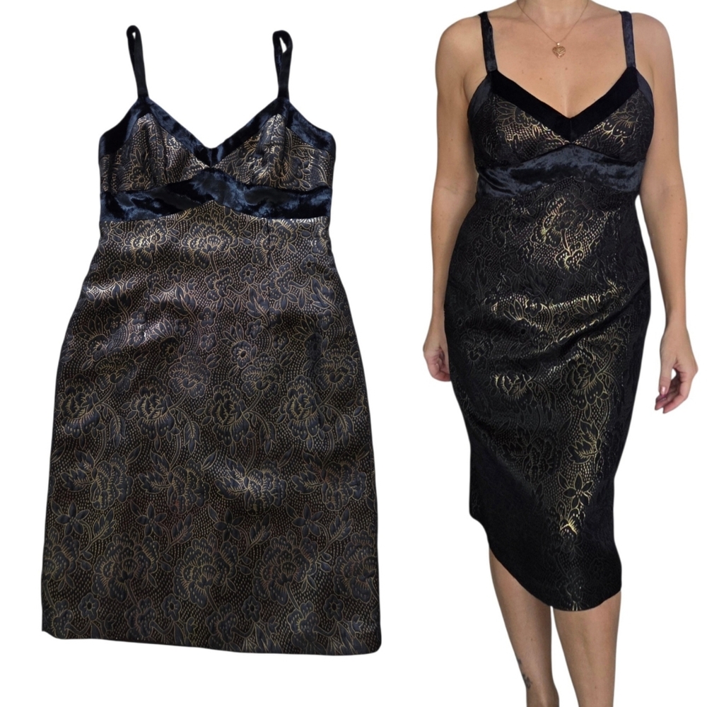Milly of New York Black Gold‎ Brocade Slip Dress Silk Wool Size 8 Whimsigoth Y2K